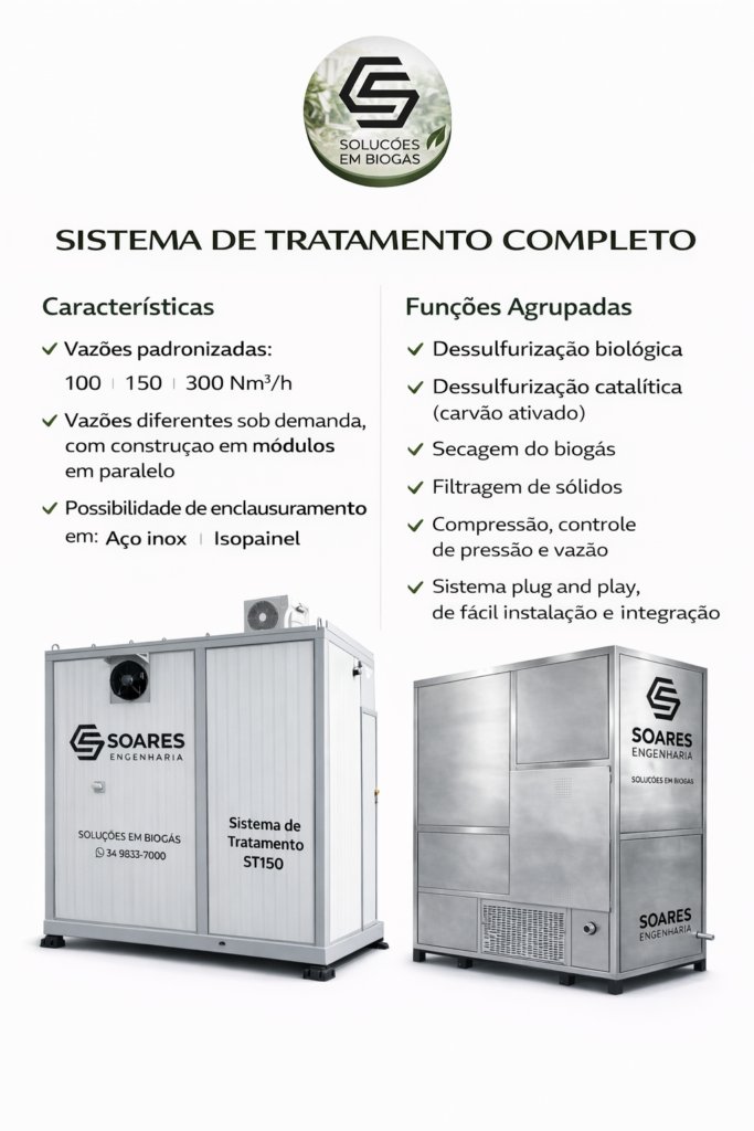 Skid completo para tratamento de biogás — caldeiras e geradores