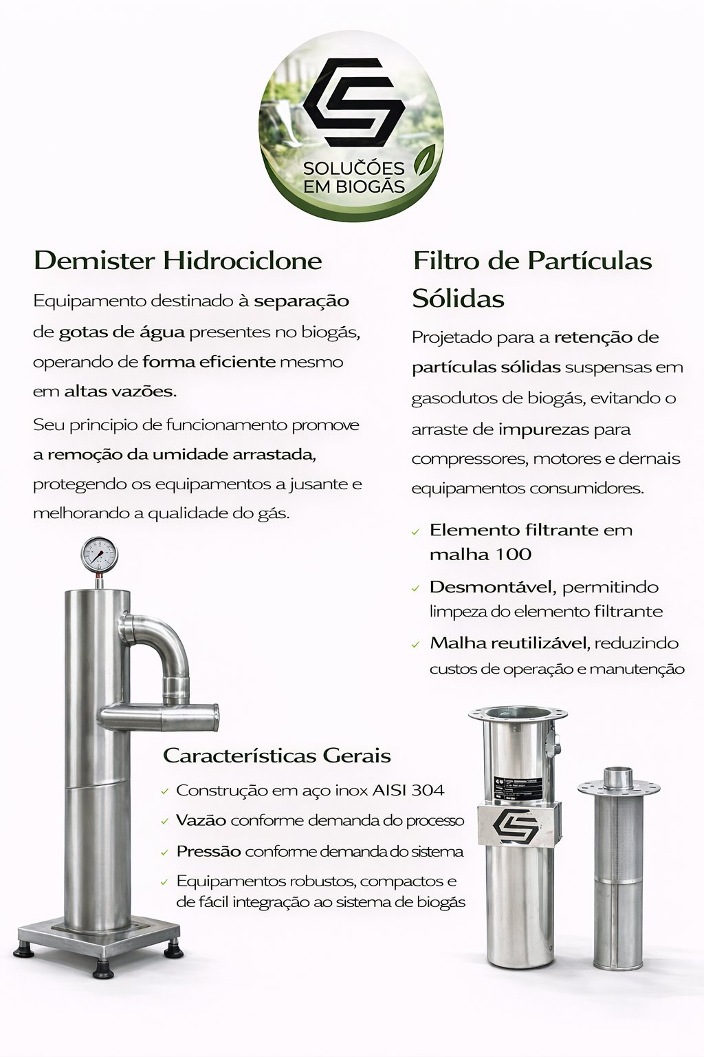 Separadores e filtros para biogás