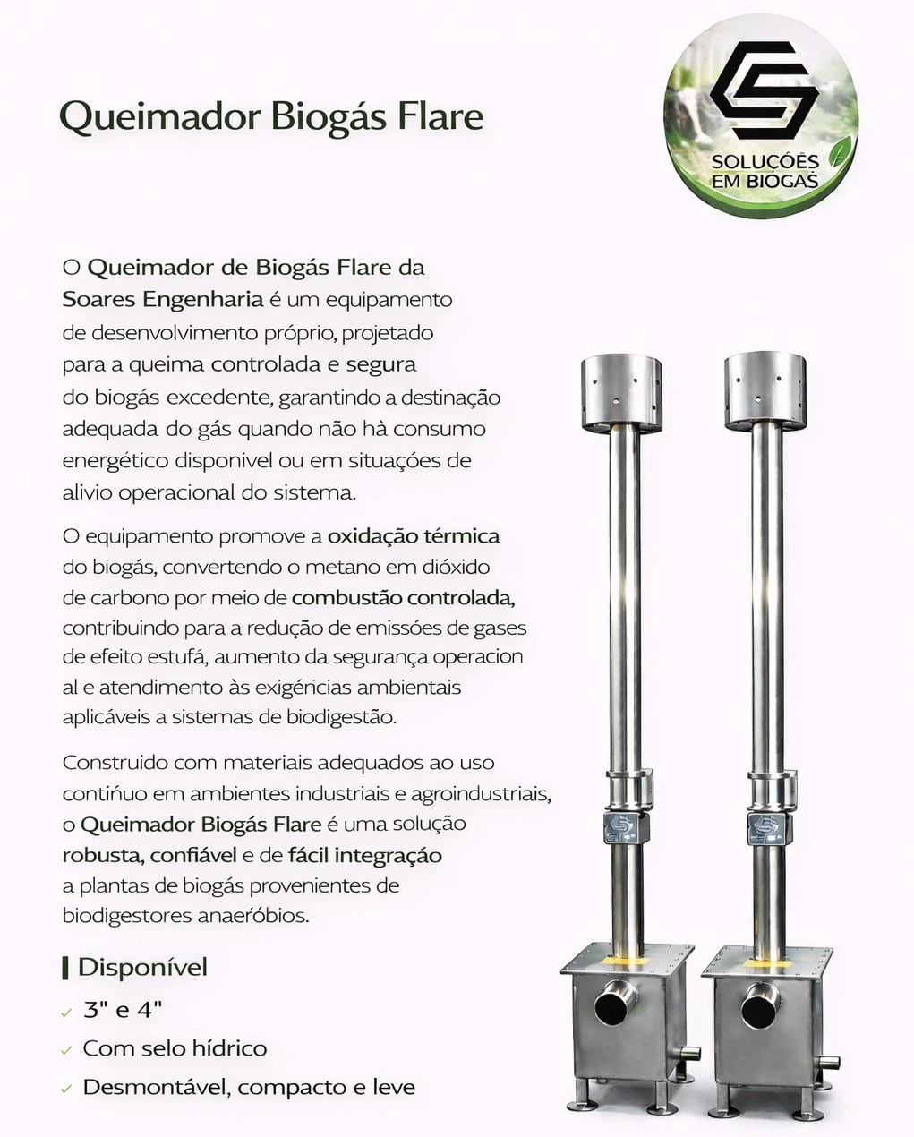 Queimador tipo flare inoxidável para biogás